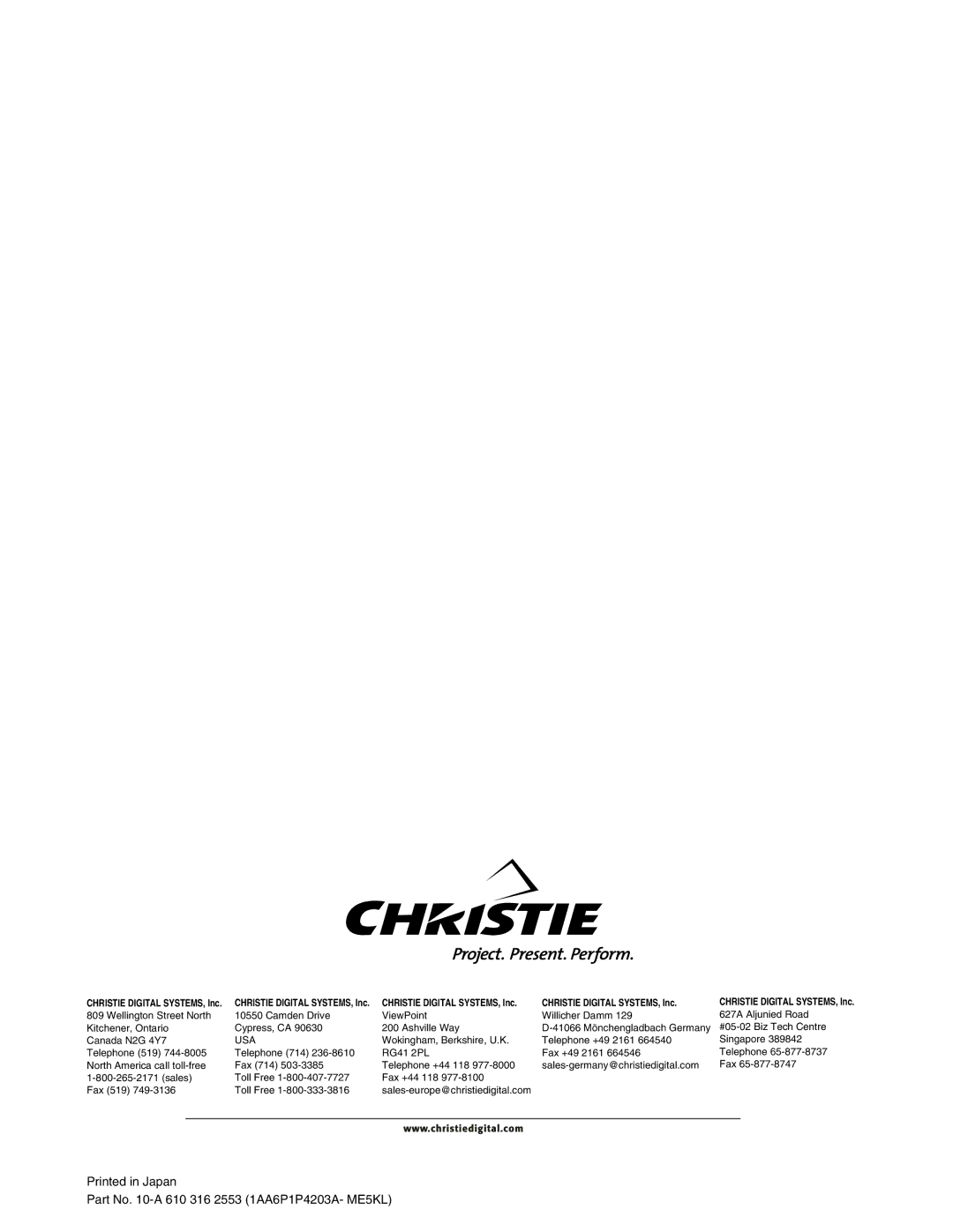 Christie Digital Systems 38-VIV6-01, 3308-VIV303-01 user manual Part No -A 610 316 2553 1AA6P1P4203A- ME5KL 