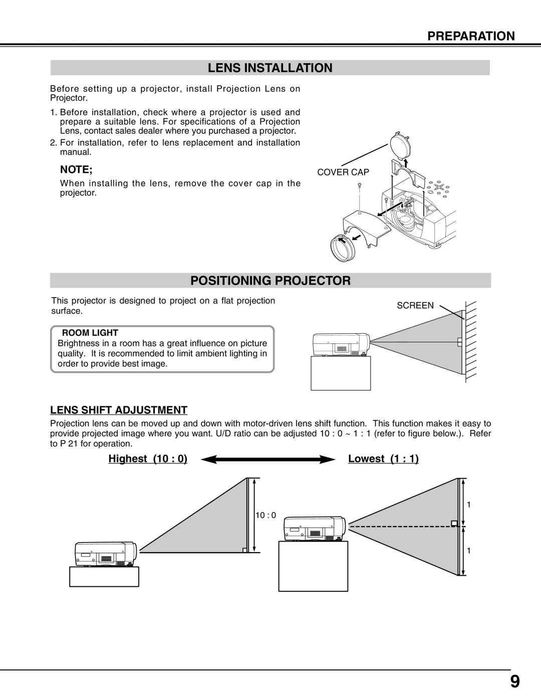 Christie Digital Systems 3308-VIV303-01, 38-VIV6-01 Preparation Lens Installation, Positioning Projector, Room Light 