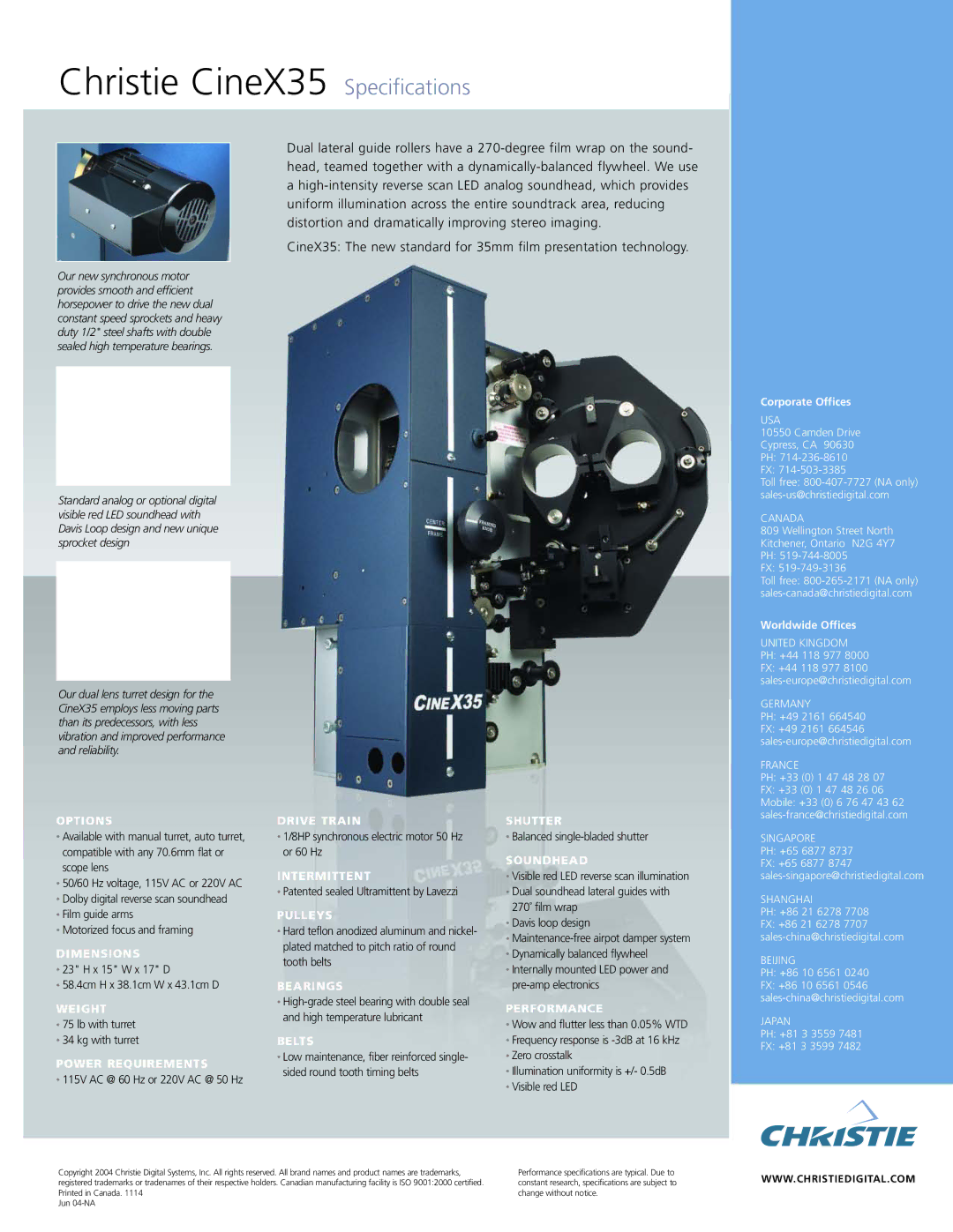 Christie Digital Systems CINEX35 manual Options, Dimensions, Weight, Power Requirements, Drive Train, Intermittent, Pulleys 