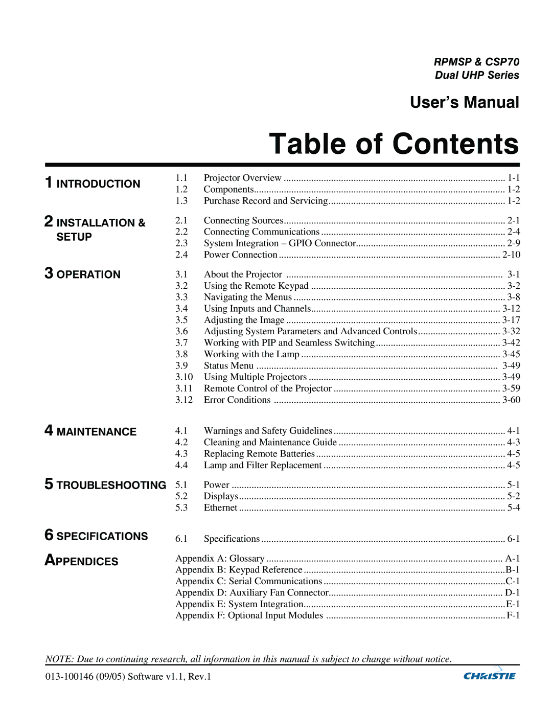 Christie Digital Systems CSP70 user manual Table of Contents 