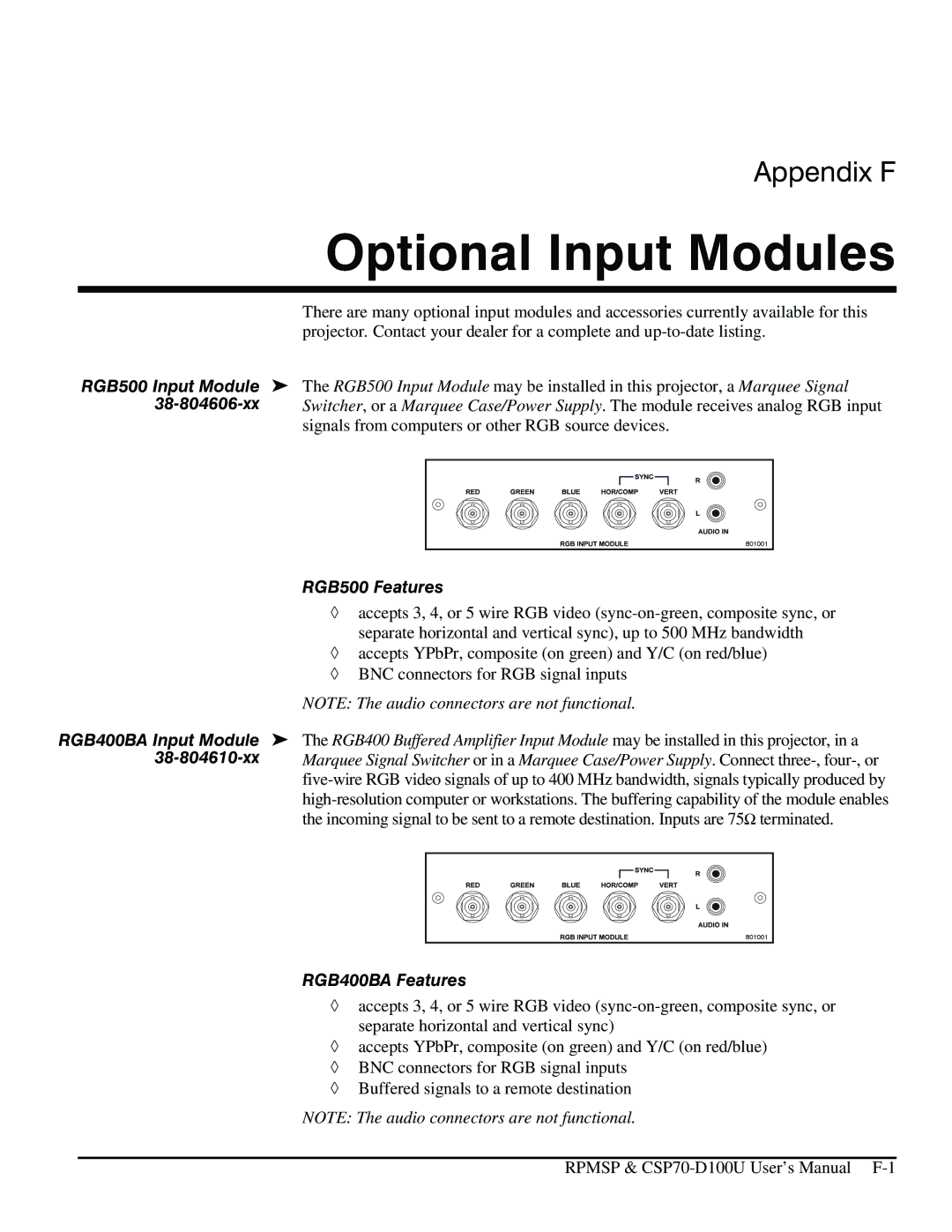Christie Digital Systems CSP70 user manual Optional Input Modules, RGB500 Input Module, 38-804606-xx, RGB500 Features 