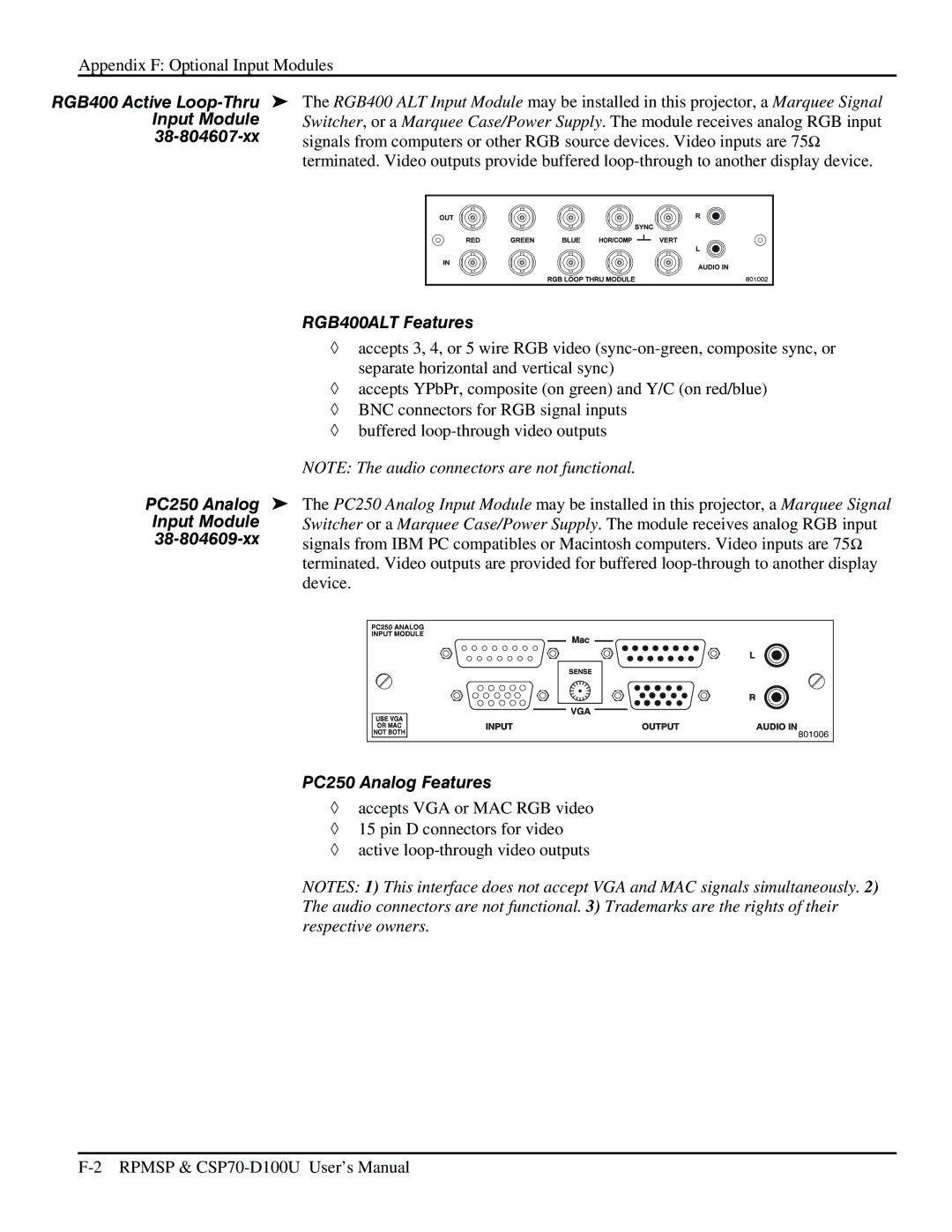 Christie Digital Systems CSP70 user manual RGB400 Active Loop-Thru, Input Module, 38-804607-xx, RGB400ALT Features 