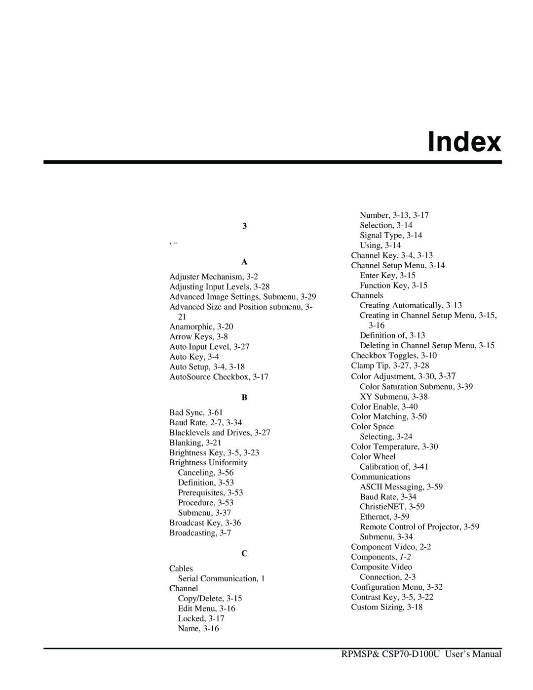 Christie Digital Systems CSP70 user manual Index 