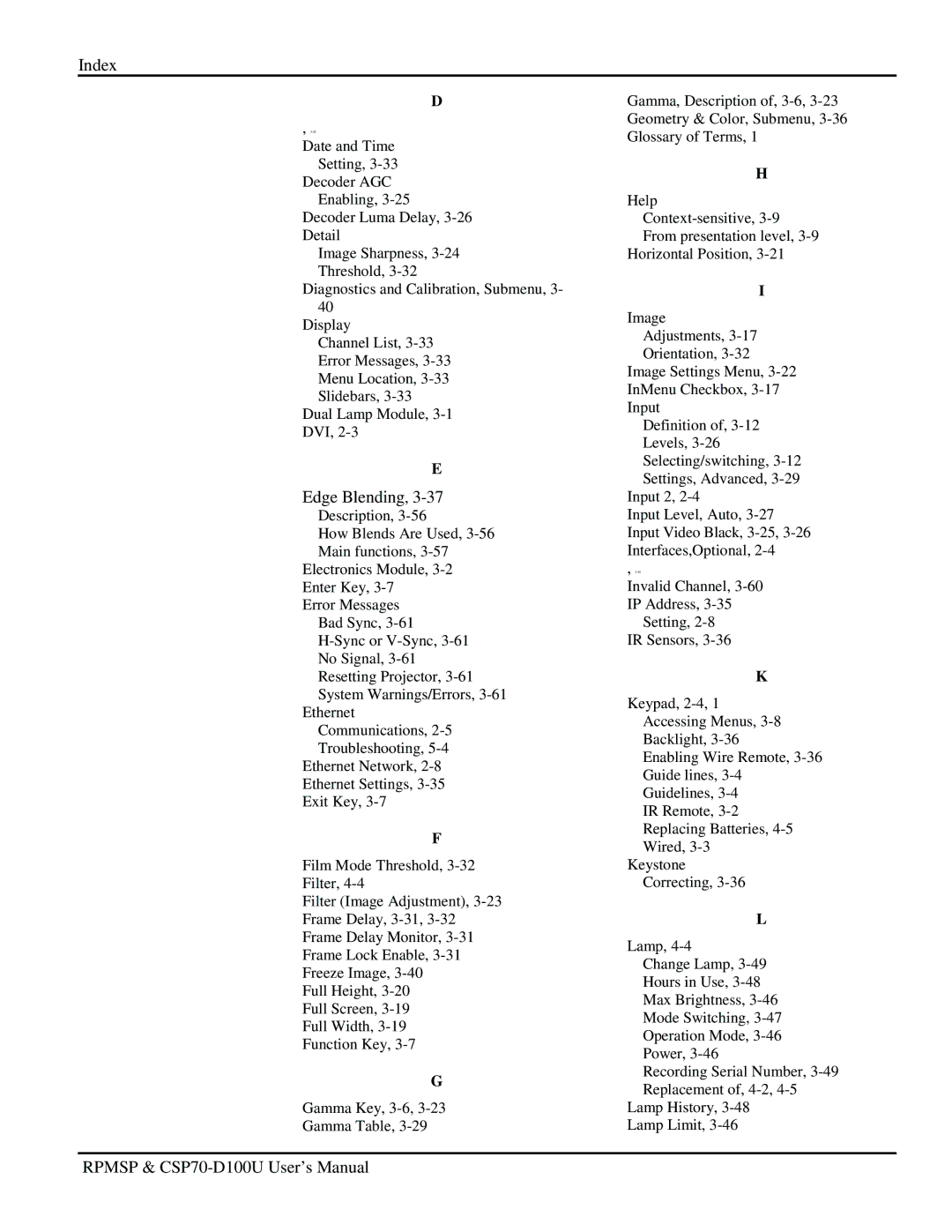 Christie Digital Systems CSP70 user manual Index 