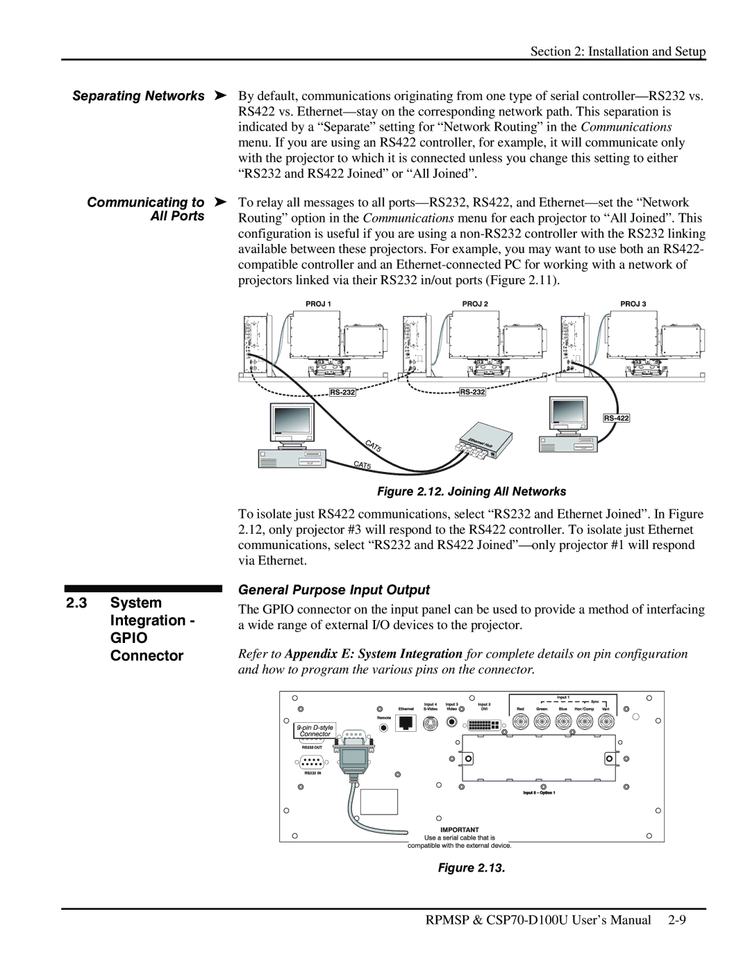 Christie Digital Systems CSP70 System Integration Gpio Connector, Separating Networks, Communicating to, All Ports 