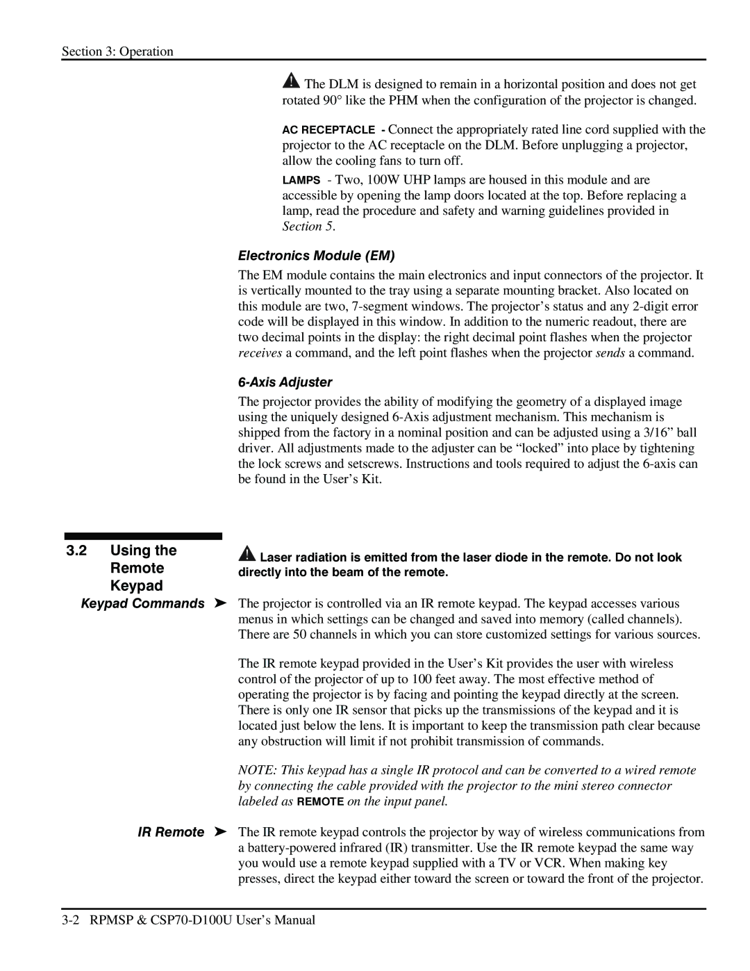 Christie Digital Systems CSP70 user manual Using the Remote Keypad, Electronics Module EM, Axis Adjuster 