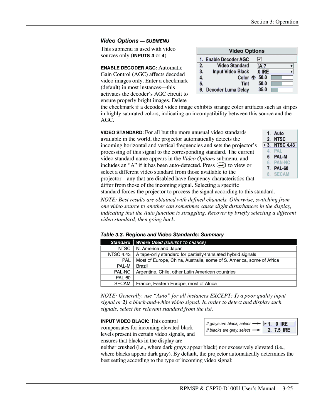 Christie Digital Systems CSP70 user manual Video Options Submenu, Regions and Video Standards Summary 