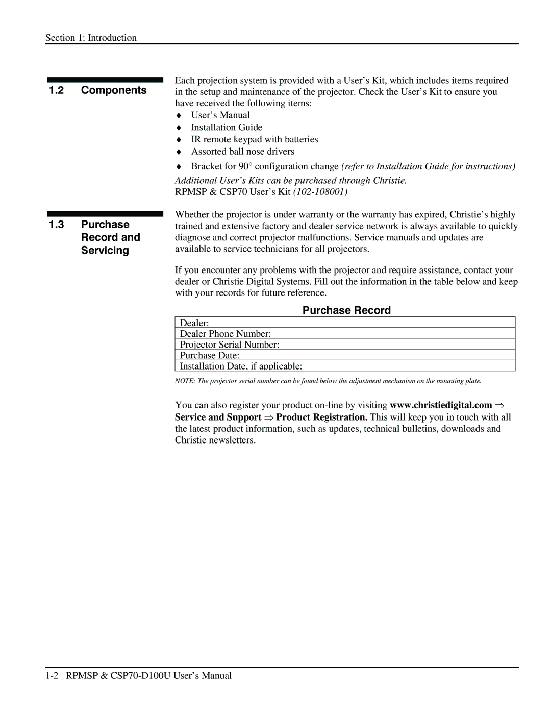 Christie Digital Systems CSP70 user manual Components Purchase Record and Servicing 