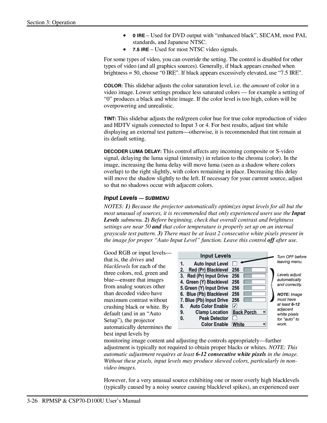 Christie Digital Systems CSP70 user manual Input Levels Submenu 