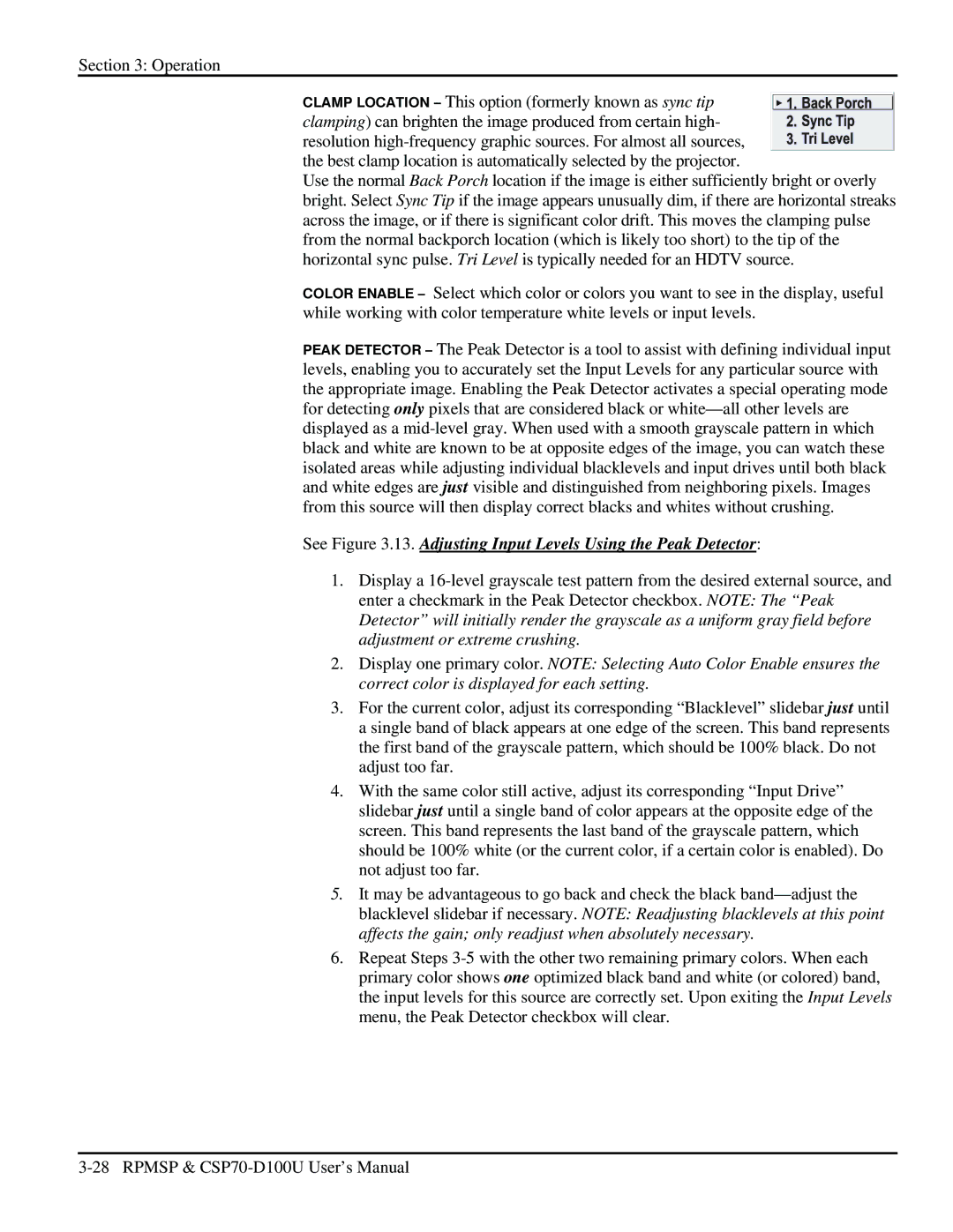 Christie Digital Systems CSP70 user manual See .13. Adjusting Input Levels Using the Peak Detector 