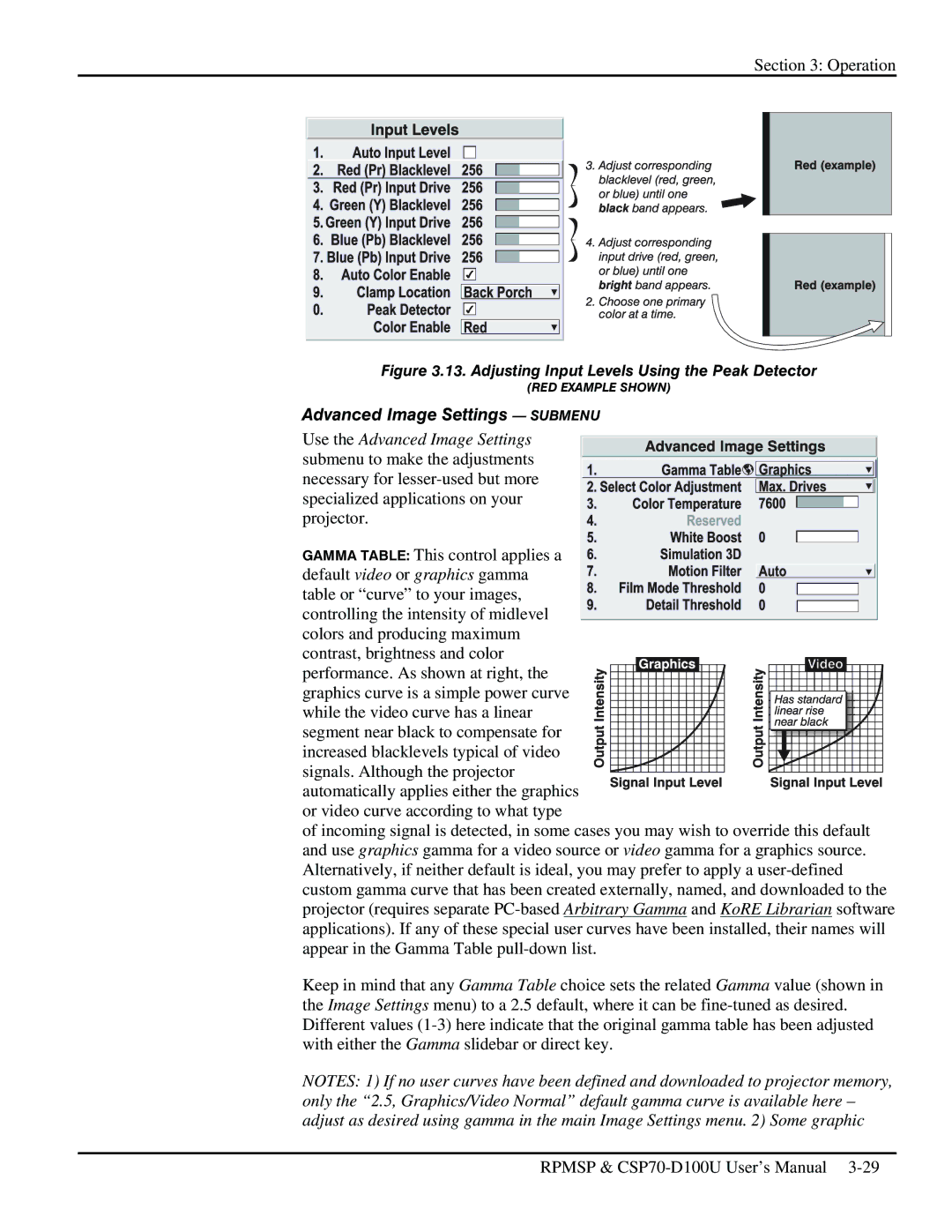 Christie Digital Systems CSP70 user manual Advanced Image Settings Submenu, Adjusting Input Levels Using the Peak Detector 