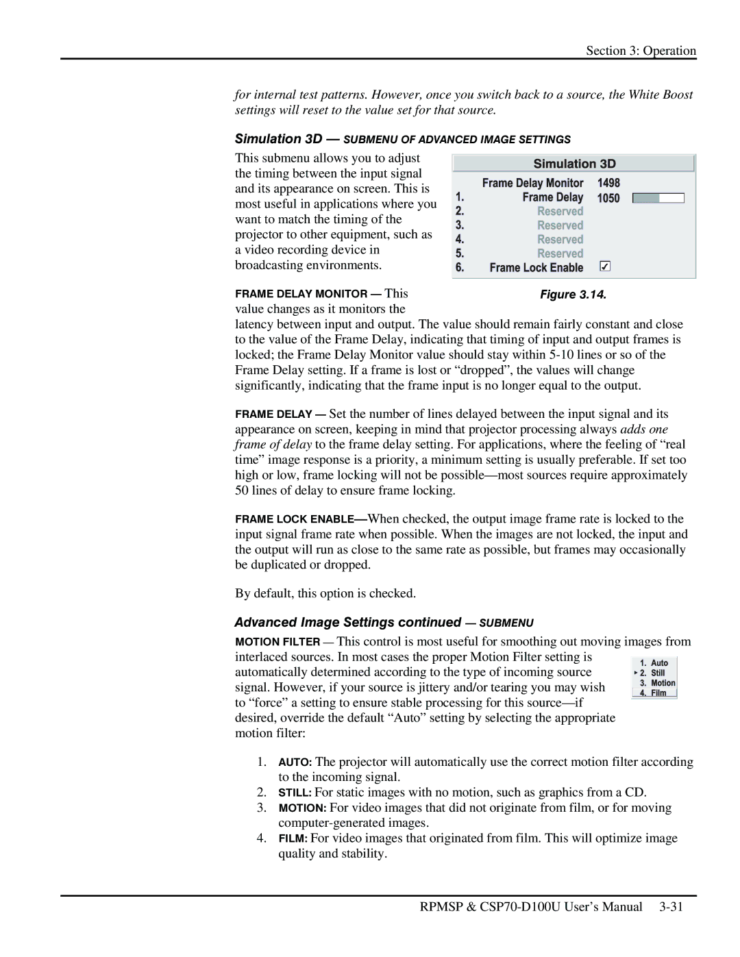 Christie Digital Systems CSP70 user manual Simulation 3D Submenu of Advanced Image Settings 