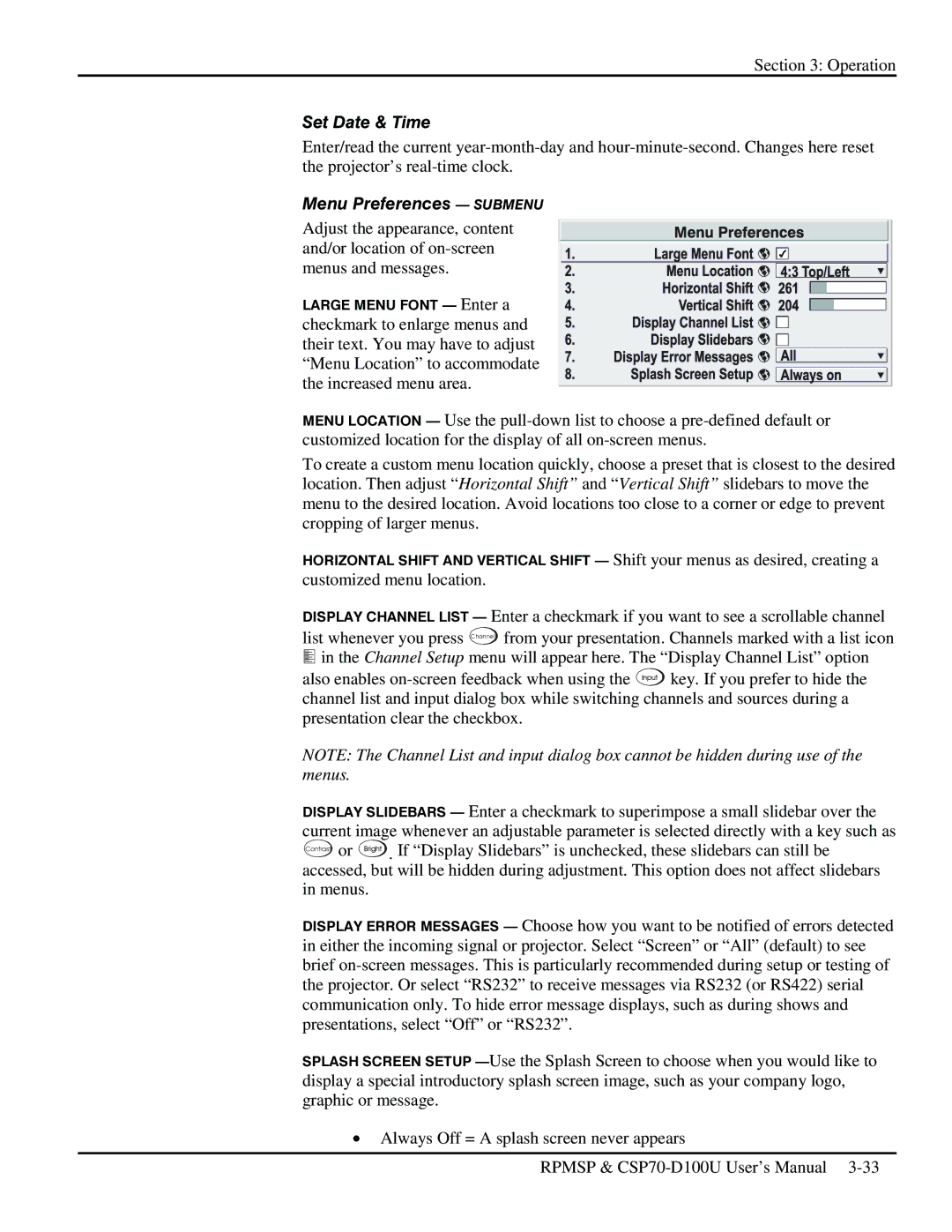 Christie Digital Systems CSP70 user manual Set Date & Time, Menu Preferences Submenu 