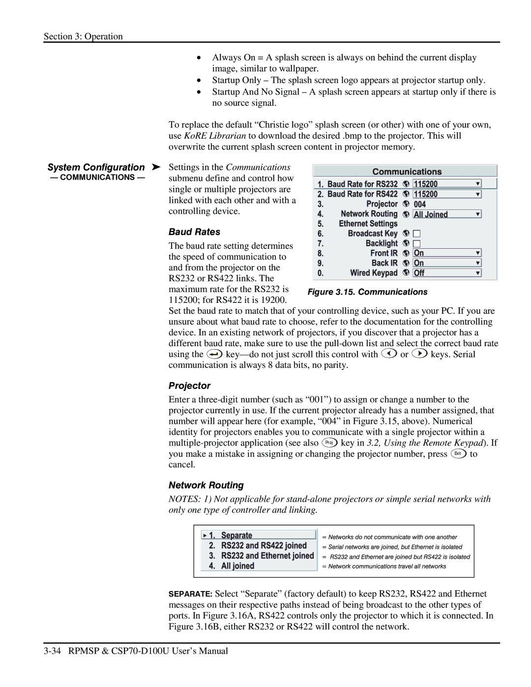 Christie Digital Systems CSP70 user manual System Configuration Settings in the Communications, Baud Rates, Network Routing 