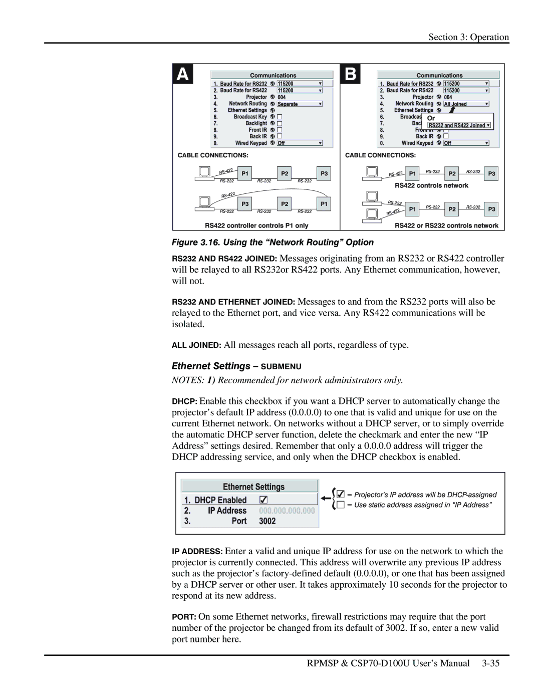 Christie Digital Systems CSP70 user manual Ethernet Settings Submenu, Using the Network Routing Option 