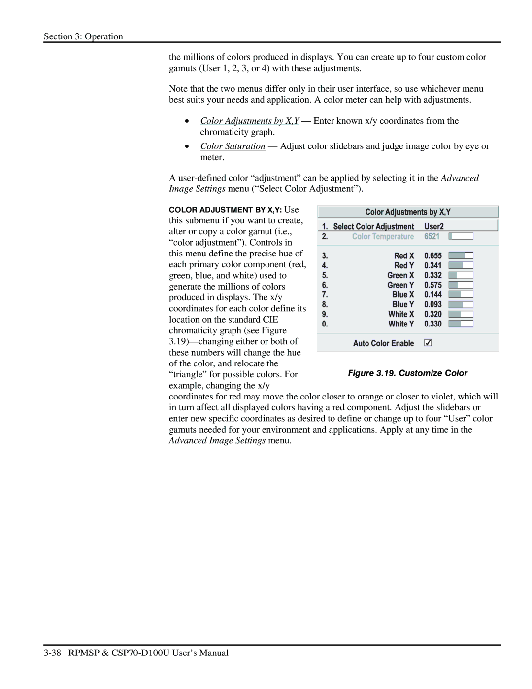 Christie Digital Systems CSP70 user manual Color Adjustment by X,Y Use 