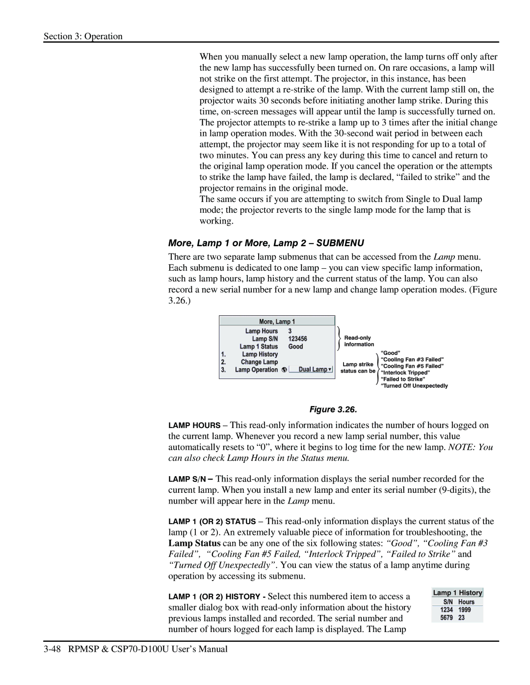 Christie Digital Systems CSP70 user manual More, Lamp 1 or More, Lamp 2 Submenu 
