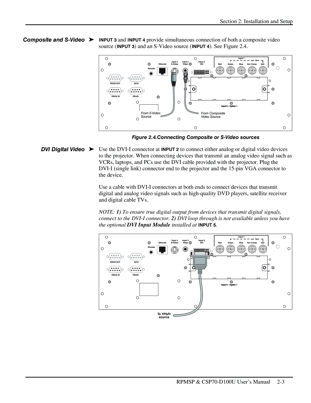 Christie Digital Systems CSP70 user manual Connecting Composite or S-Video sources 