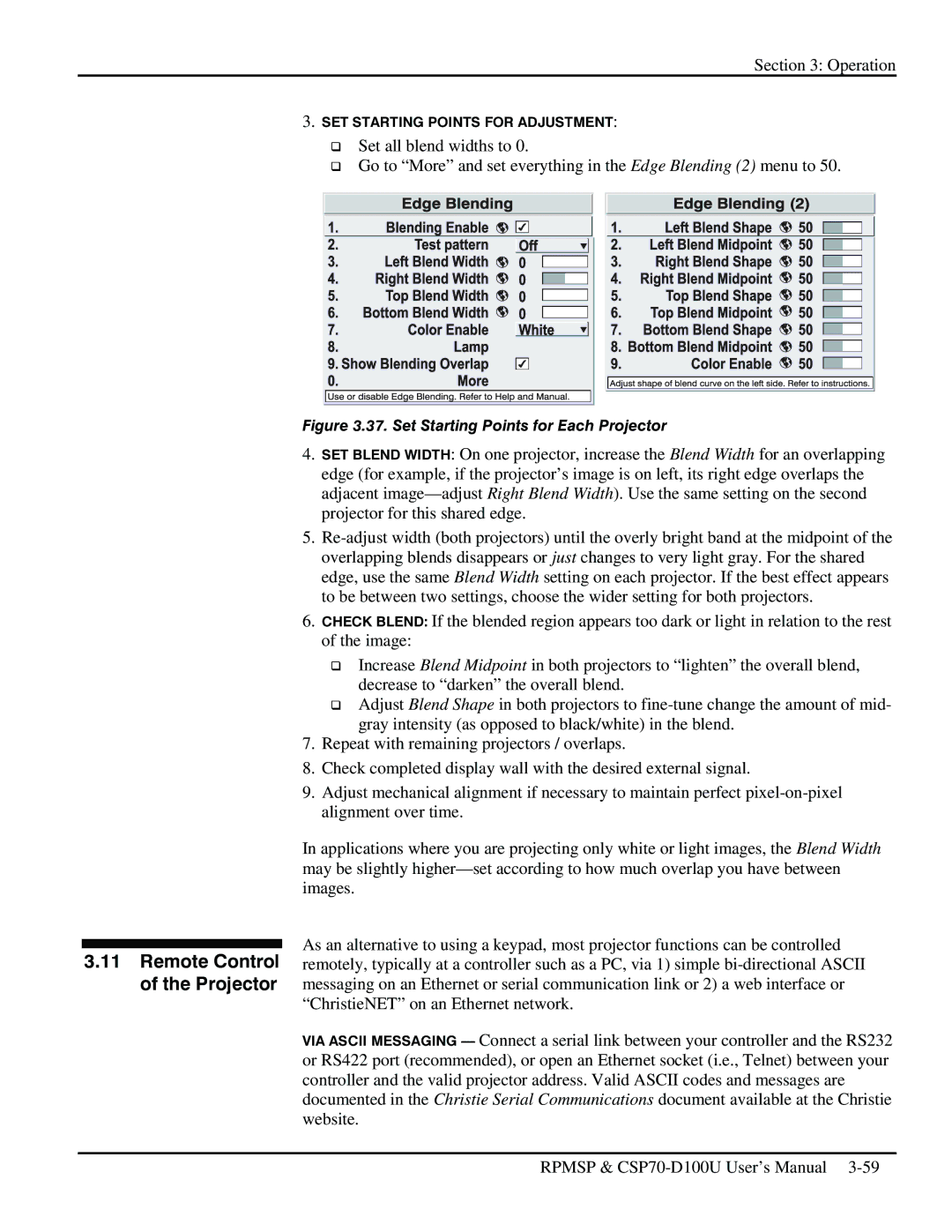 Christie Digital Systems CSP70 user manual Remote Control of the Projector, Set Starting Points for Each Projector 