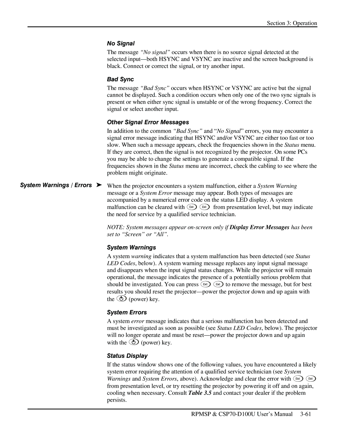 Christie Digital Systems CSP70 user manual No Signal, Bad Sync, Other Signal Error Messages, System Warnings, System Errors 