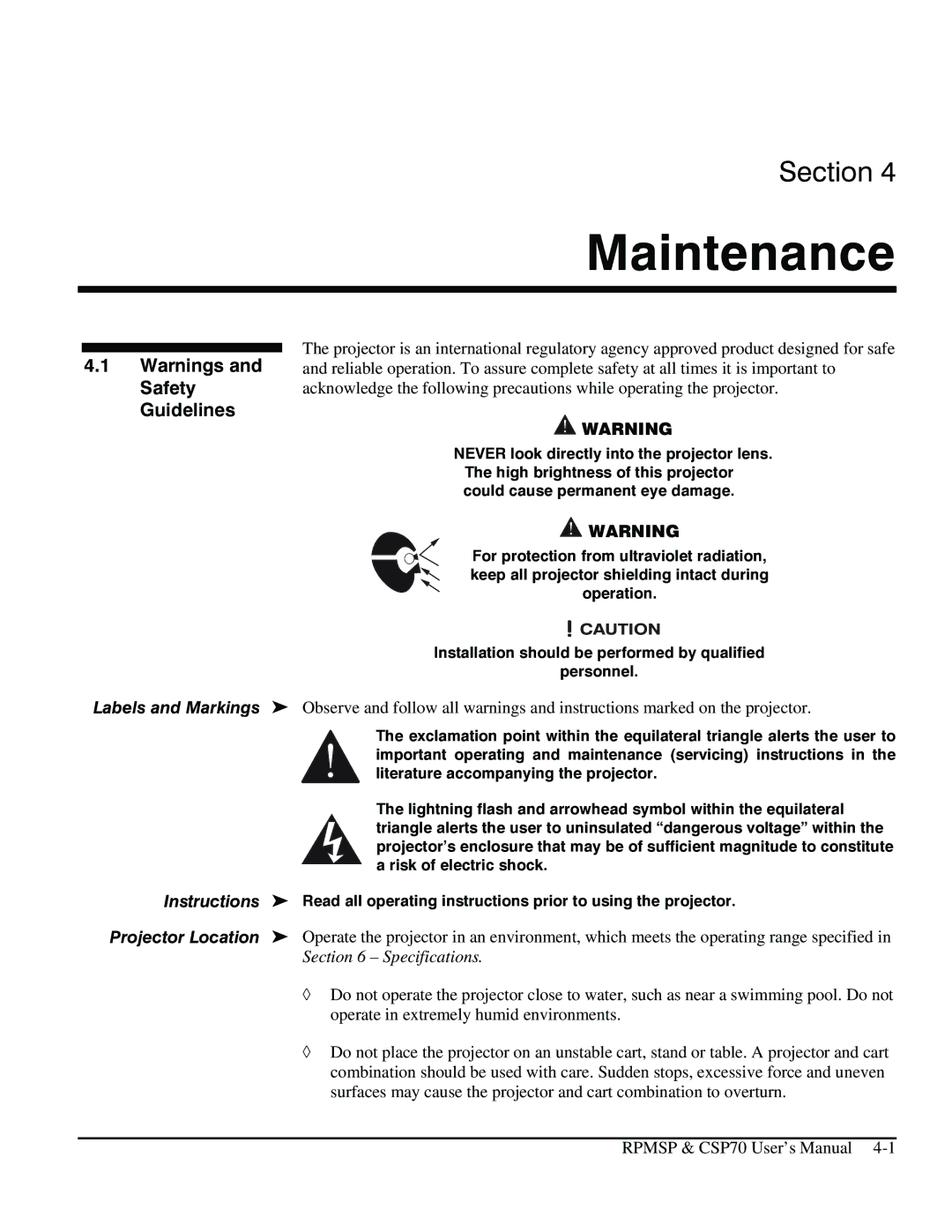 Christie Digital Systems CSP70 Maintenance, Labels and Markings, Instructions, Projector Location, Specifications 