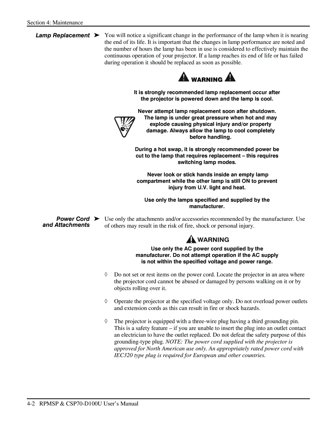 Christie Digital Systems CSP70 user manual Lamp Replacement, Power Cord, Attachments 