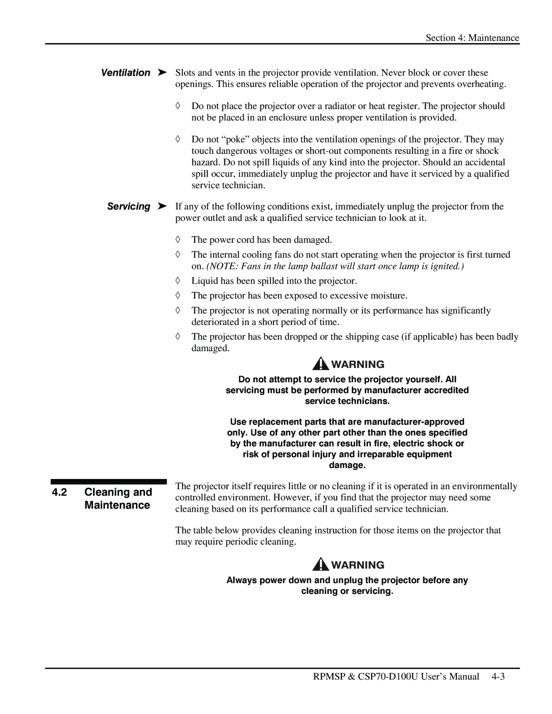 Christie Digital Systems CSP70 user manual Cleaning and Maintenance 