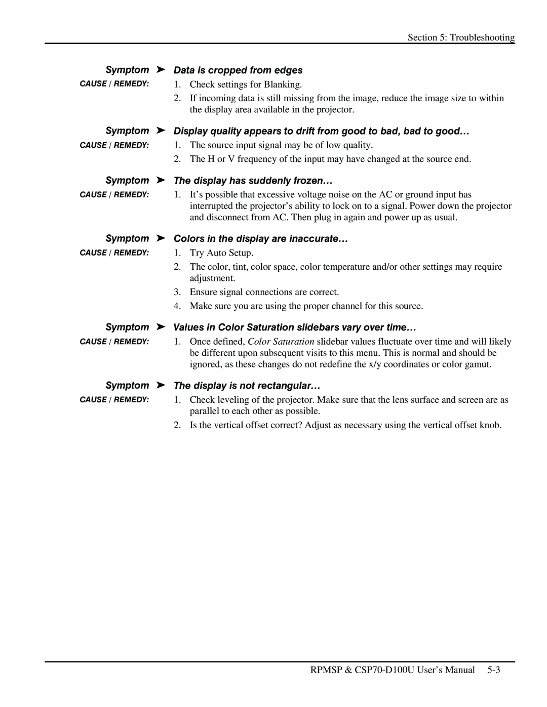 Christie Digital Systems CSP70 user manual Symptom Data is cropped from edges, Symptom Display has suddenly frozen… 