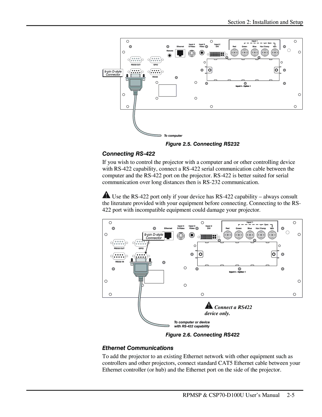 Christie Digital Systems CSP70 user manual Connecting RS-422, Ethernet Communications 