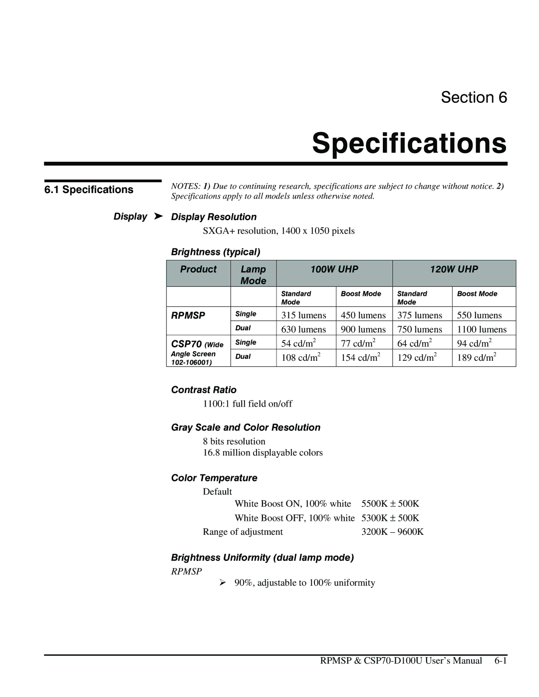 Christie Digital Systems CSP70 user manual Specifications 