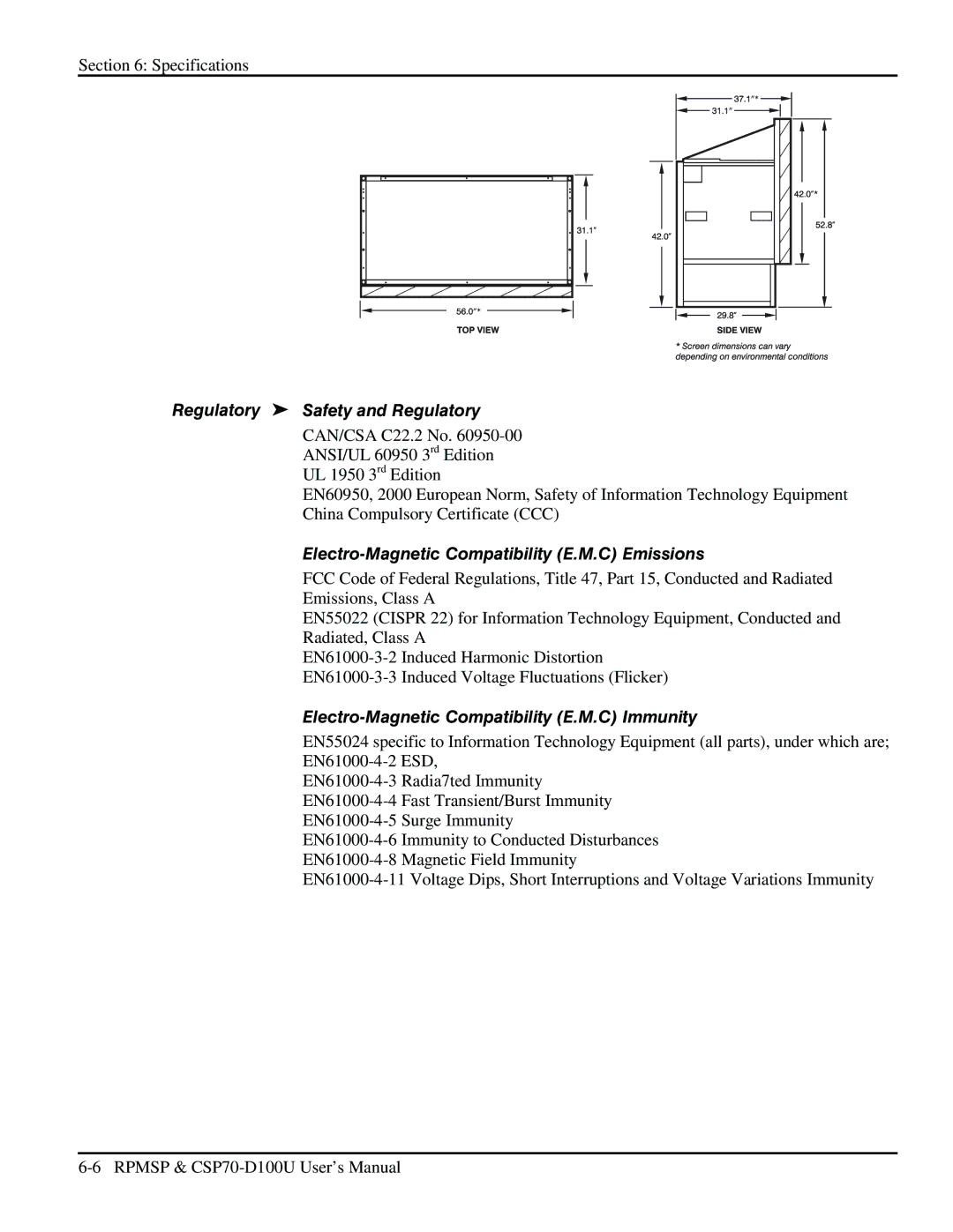 Christie Digital Systems CSP70 user manual Regulatory Safety and Regulatory, Electro-Magnetic Compatibility E.M.C Emissions 