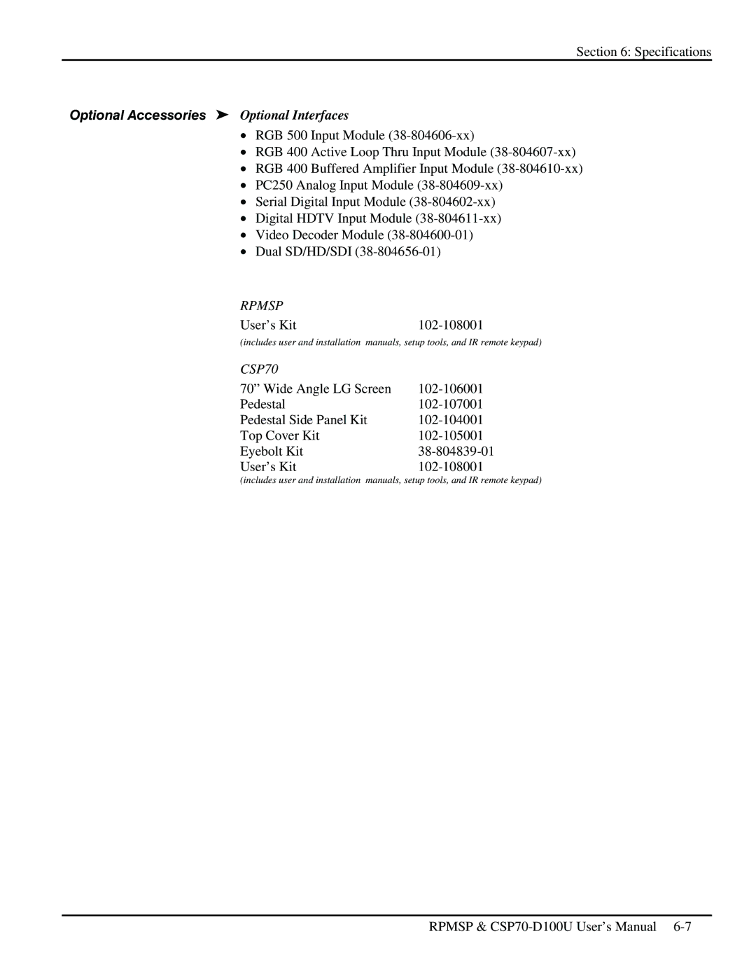 Christie Digital Systems CSP70 user manual Optional Accessories Optional Interfaces 