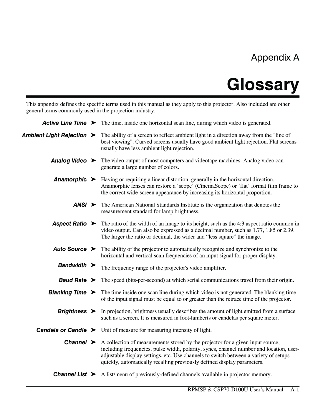 Christie Digital Systems CSP70 user manual Glossary 