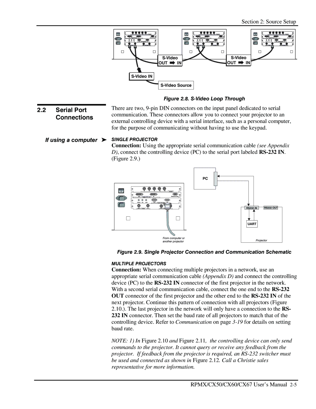 Christie Digital Systems CX67, CX50, CX60 user manual Serial Port Connections, If using a computer Single Projector 