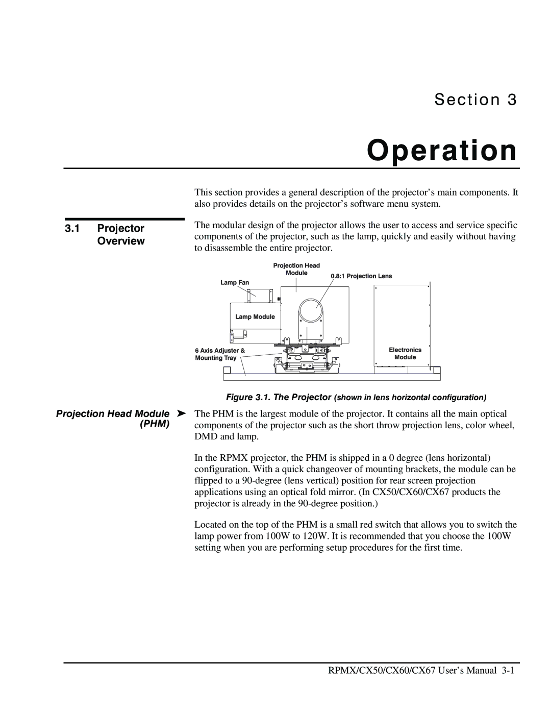 Christie Digital Systems CX60, CX50, CX67 user manual Operation, Projector Overview, Projection Head Module 