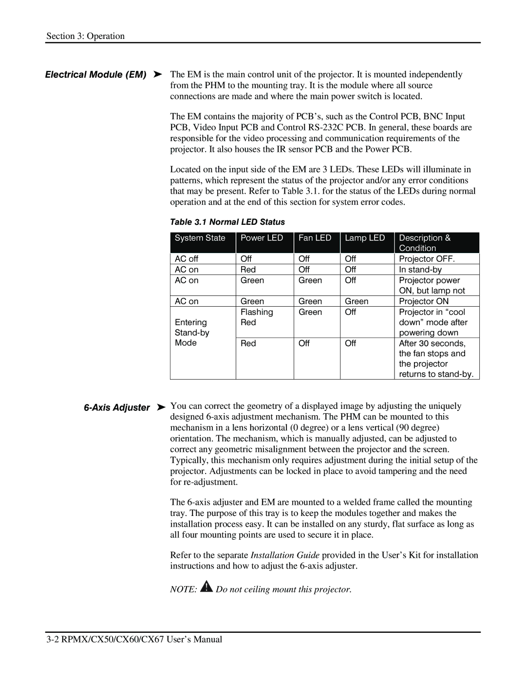 Christie Digital Systems CX50, CX67, CX60 user manual Normal LED Status 