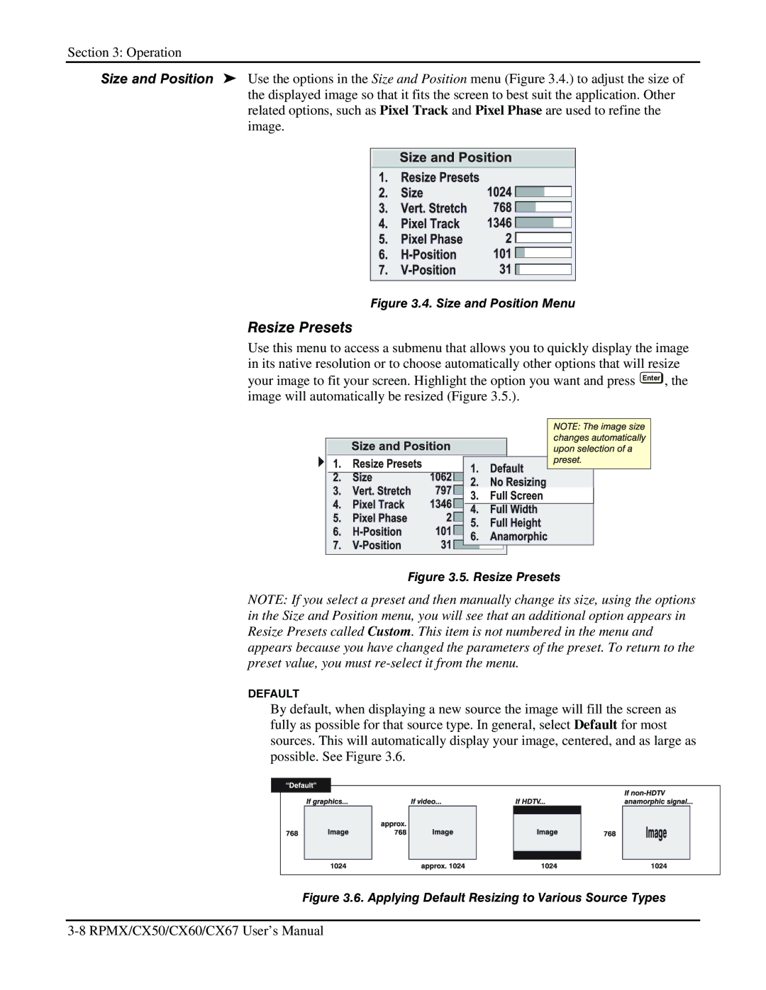 Christie Digital Systems CX50, CX67, CX60 user manual Resize Presets, Size and Position Menu 