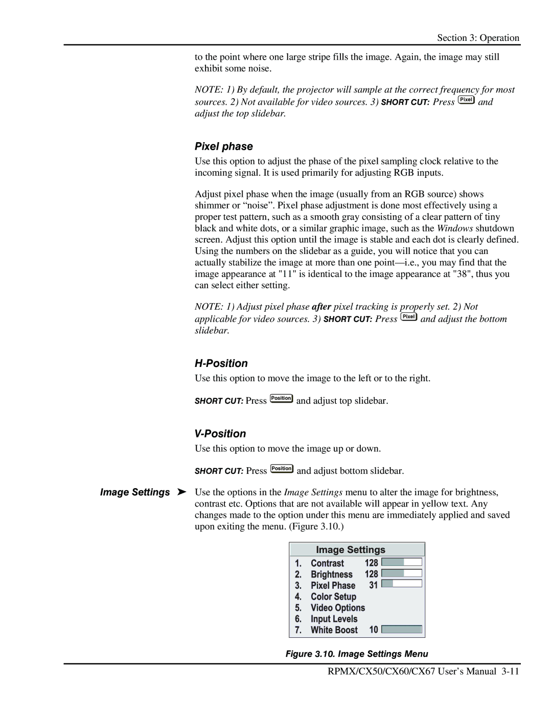 Christie Digital Systems CX50, CX67, CX60 user manual Pixel phase, Position 