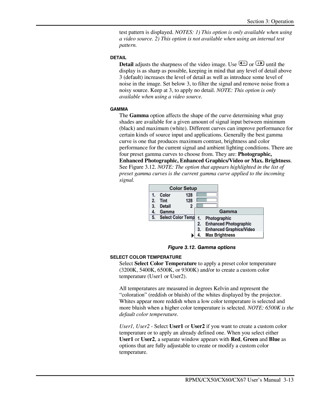 Christie Digital Systems CX60, CX50, CX67 user manual Gamma options 