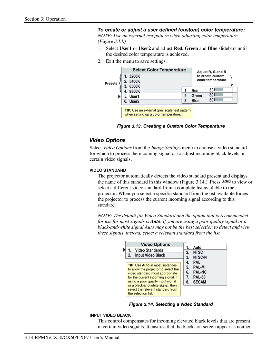 Christie Digital Systems CX50, CX67, CX60 user manual Video Options, Creating a Custom Color Temperature 