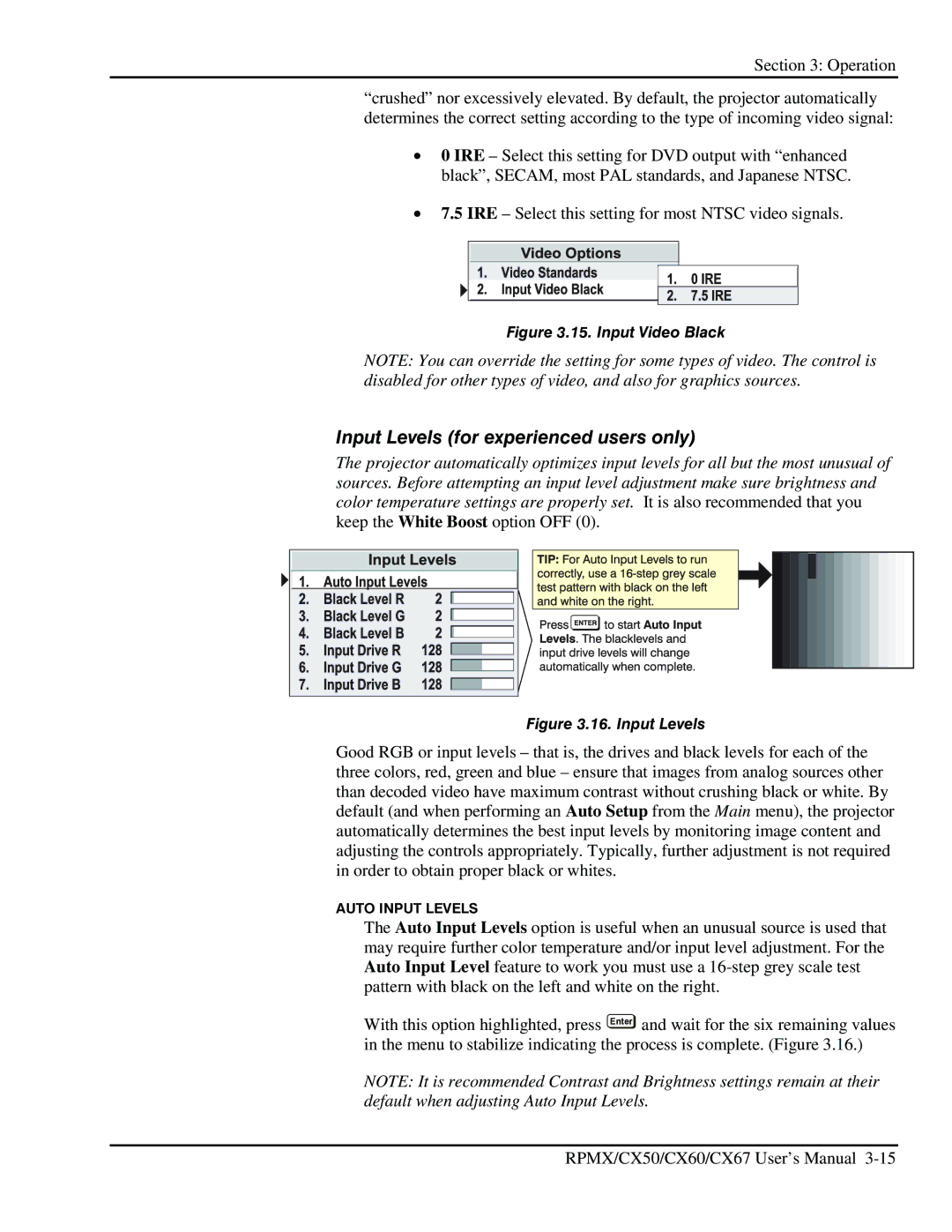 Christie Digital Systems CX67, CX50, CX60 user manual Input Levels for experienced users only, Input Video Black 