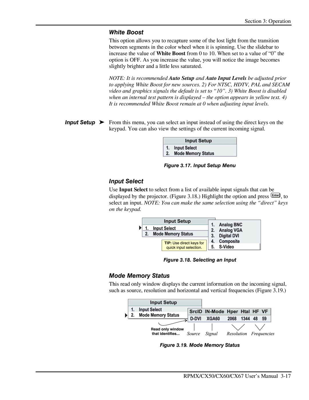 Christie Digital Systems CX50, CX67, CX60 user manual White Boost, Input Select, Mode Memory Status 