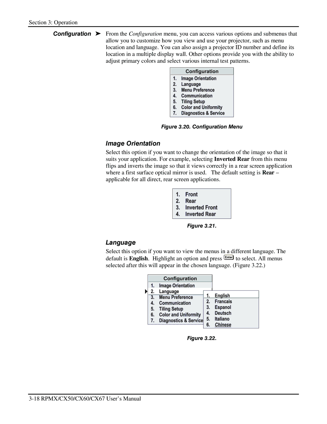 Christie Digital Systems CX67, CX50, CX60 user manual Image Orientation, Language 