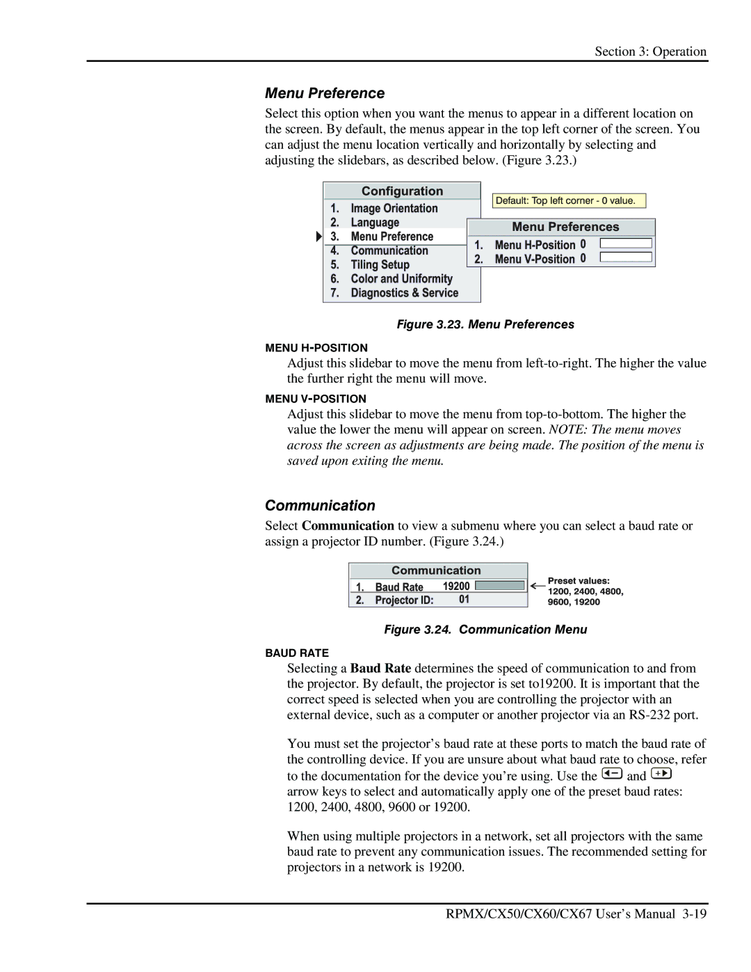 Christie Digital Systems CX60, CX50, CX67 user manual Menu Preference, Communication 