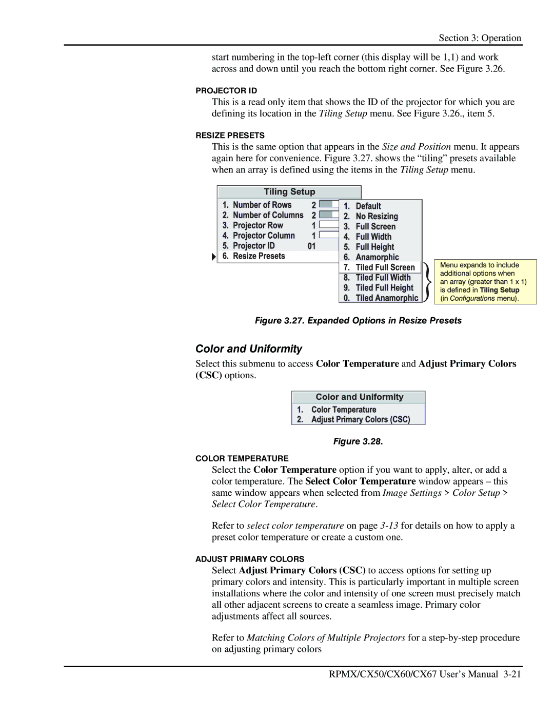 Christie Digital Systems CX67, CX50, CX60 user manual Color and Uniformity, Expanded Options in Resize Presets 