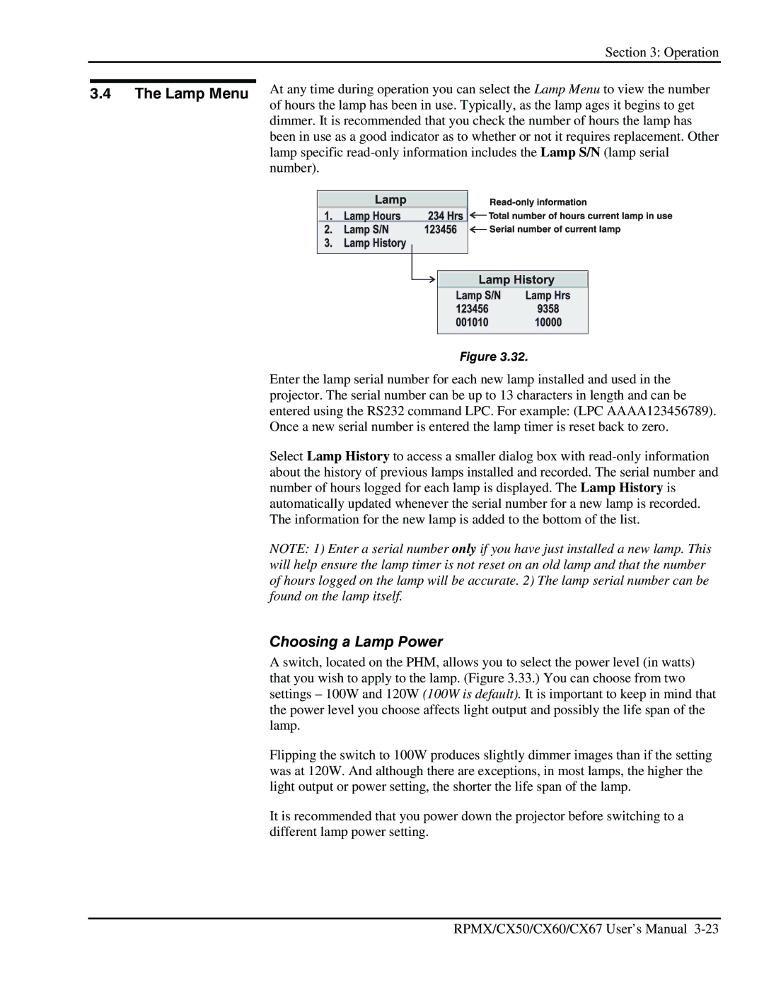 Christie Digital Systems CX50, CX67, CX60 user manual Lamp Menu, Choosing a Lamp Power 