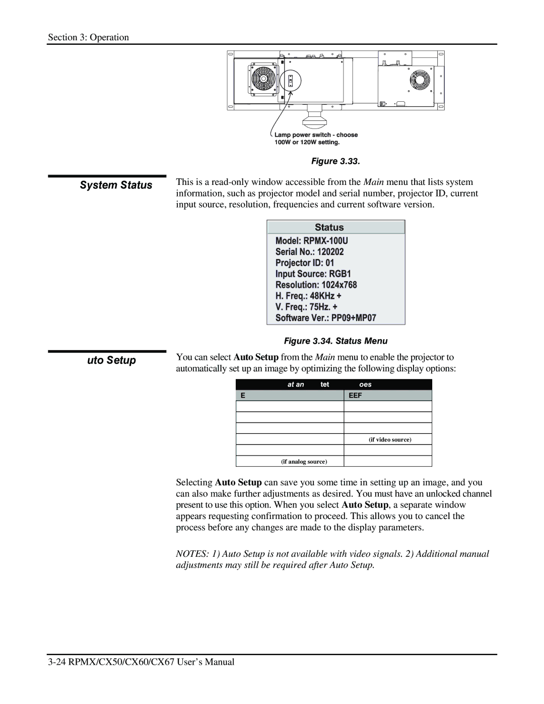 Christie Digital Systems CX67, CX50, CX60 user manual System Status Auto Setup, Optimizes Sets to Default 