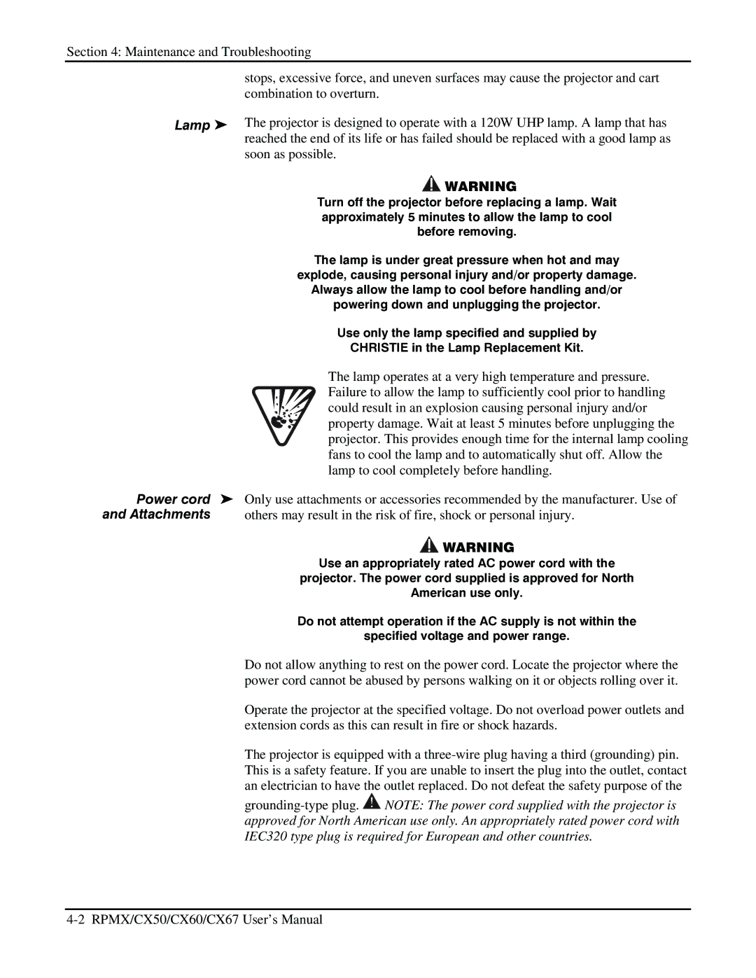 Christie Digital Systems CX50, CX67, CX60 user manual Power cord, Attachments 