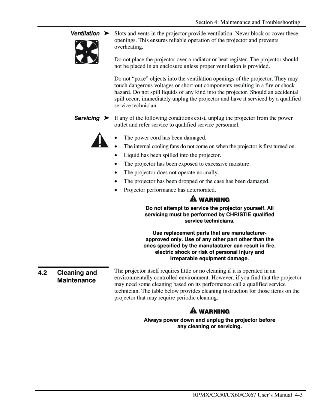 Christie Digital Systems CX67, CX50, CX60 user manual Cleaning and Maintenance 