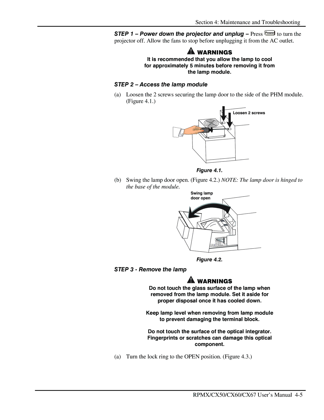 Christie Digital Systems CX50, CX67, CX60 user manual Access the lamp module, Remove the lamp 